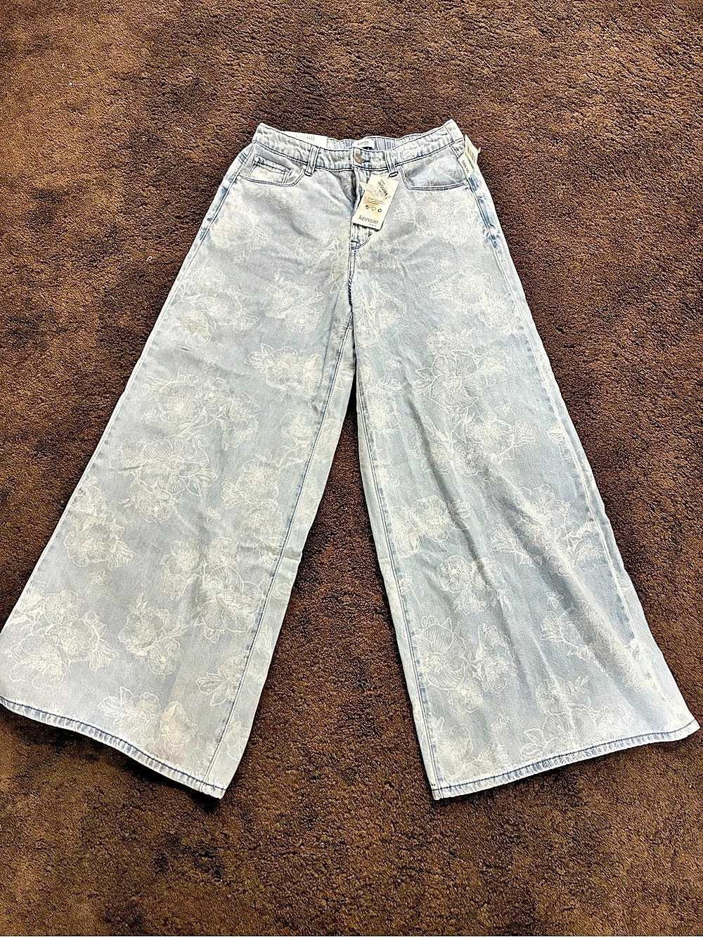 Kensie Palazzo Floral Toile Wide Leg Jeans Blue & White Waist 29 NWT